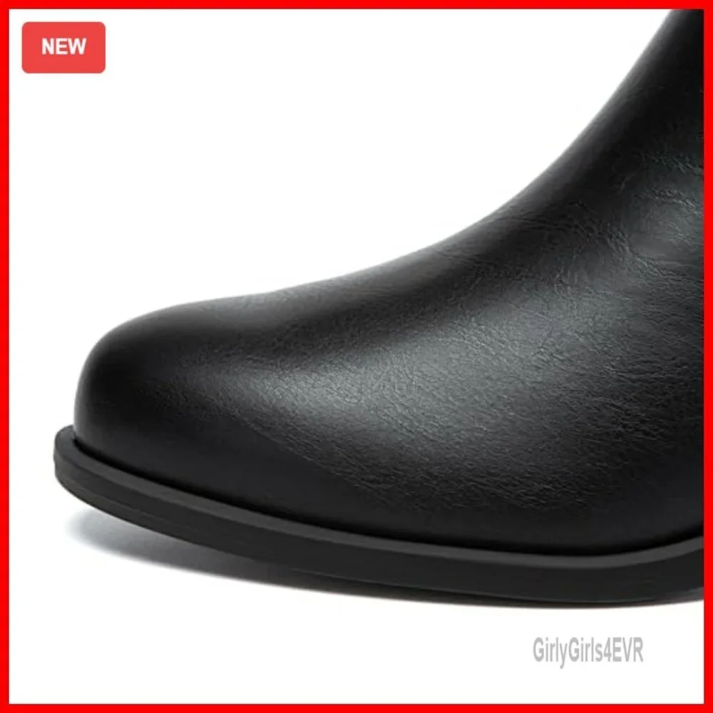 Chunky Low Heel Ankle Boots Round Toe Side Zipper Comfortable Dress Booties
